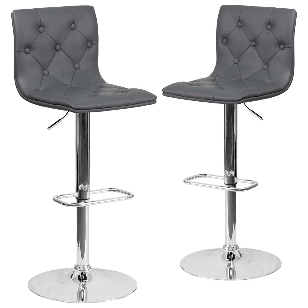 2 Pk. Contemporary Tufted Gray Vinyl Adjustable Height Barstool with Chrome Base. The main picture.