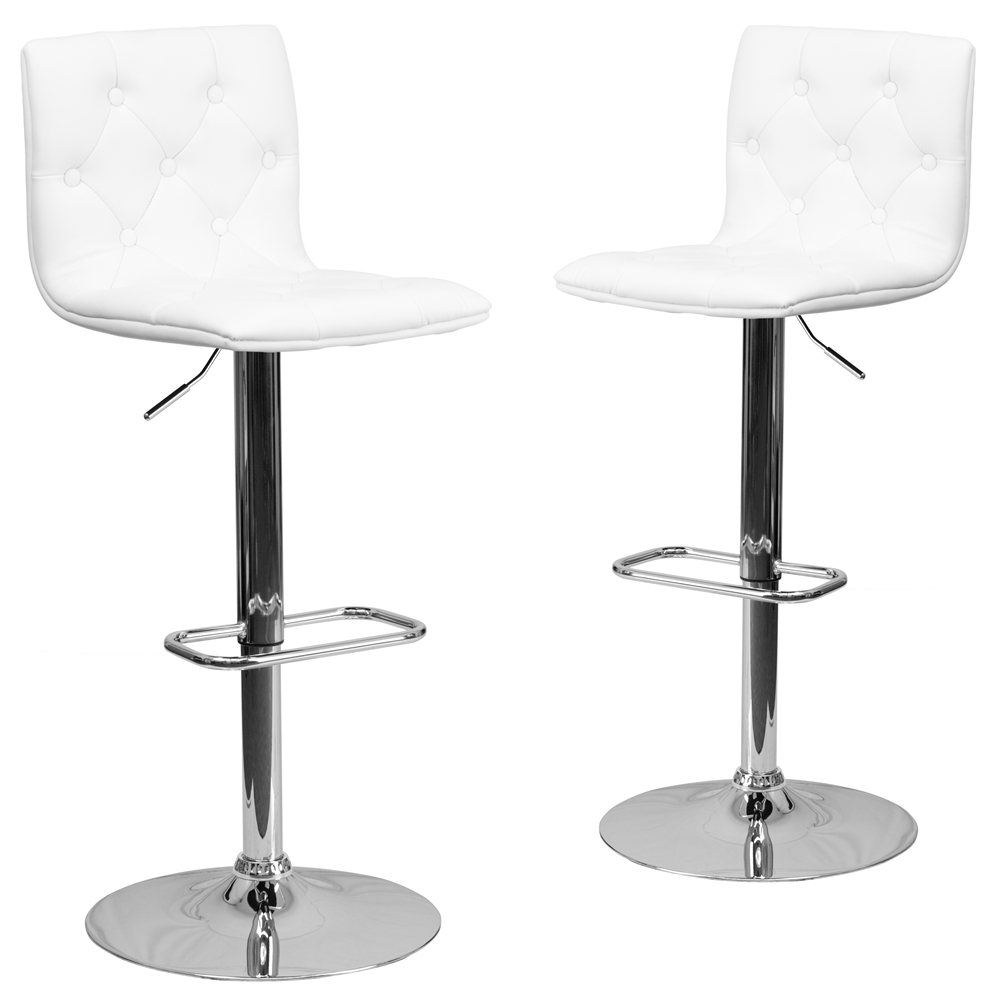 2 Pk. Contemporary Tufted White Vinyl Adjustable Height Barstool with Chrome Base. The main picture.