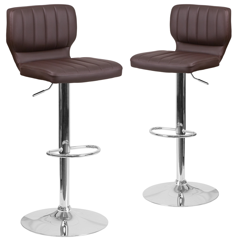 2 Pk. Contemporary Brown Vinyl Adjustable Height Barstool with Chrome Base. Picture 1