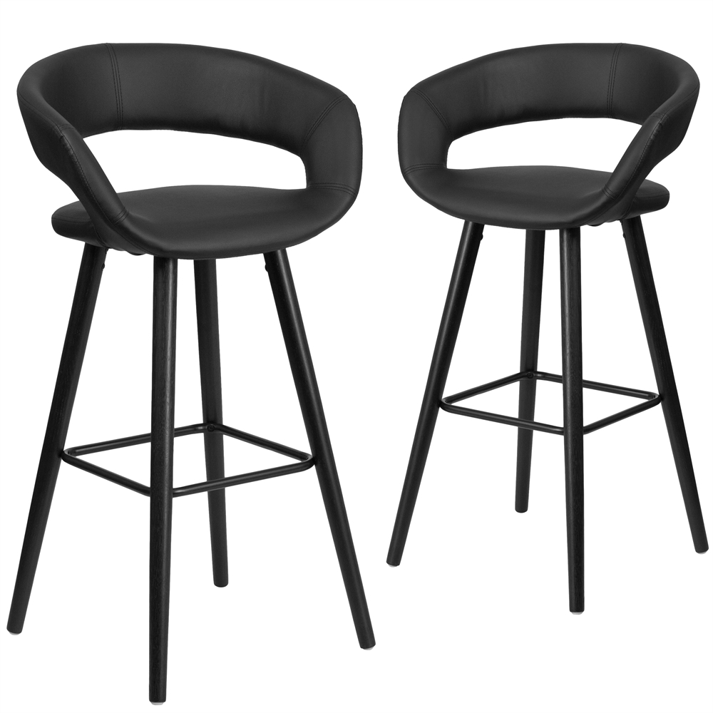 2 Pk. Brynn Series 29'' High Contemporary Black Vinyl Barstool with Cappuccino Wood Frame. Picture 1