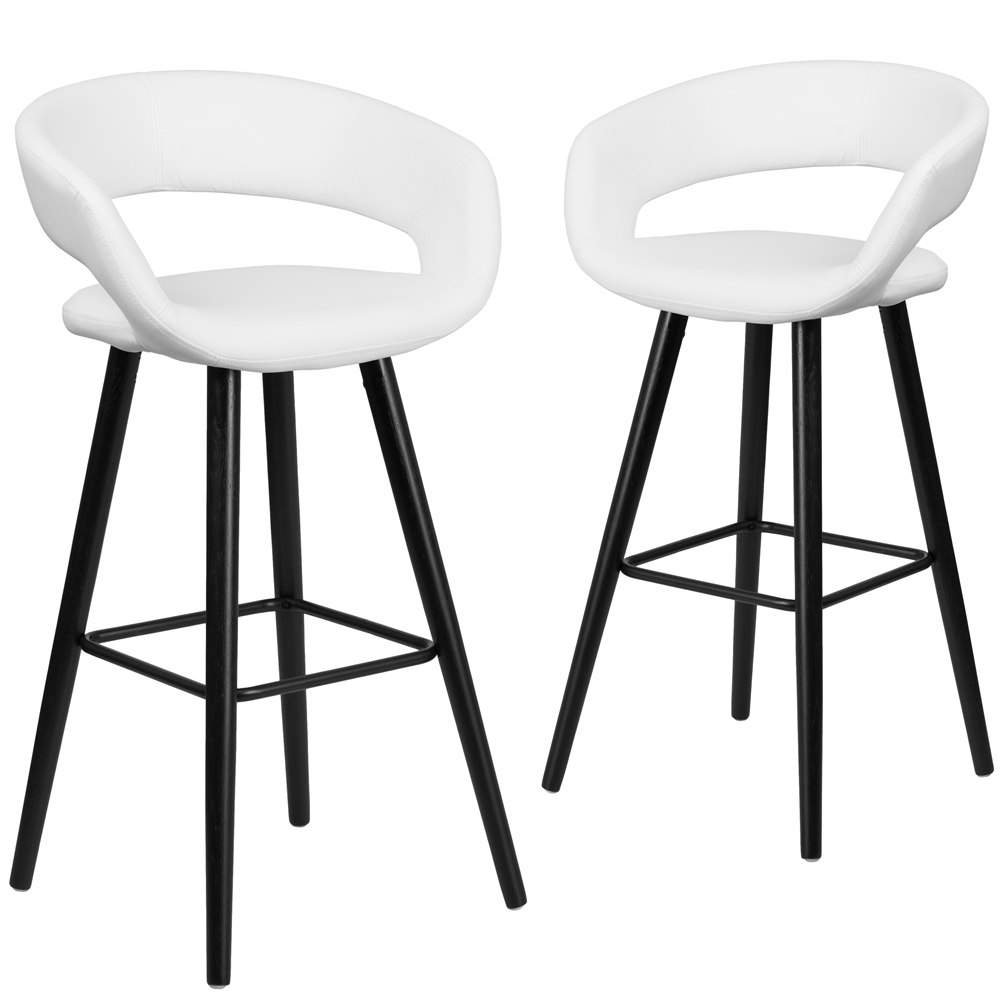 2 Pk. Brynn Series 29'' High Contemporary White Vinyl Barstool with Cappuccino Wood Frame. Picture 1