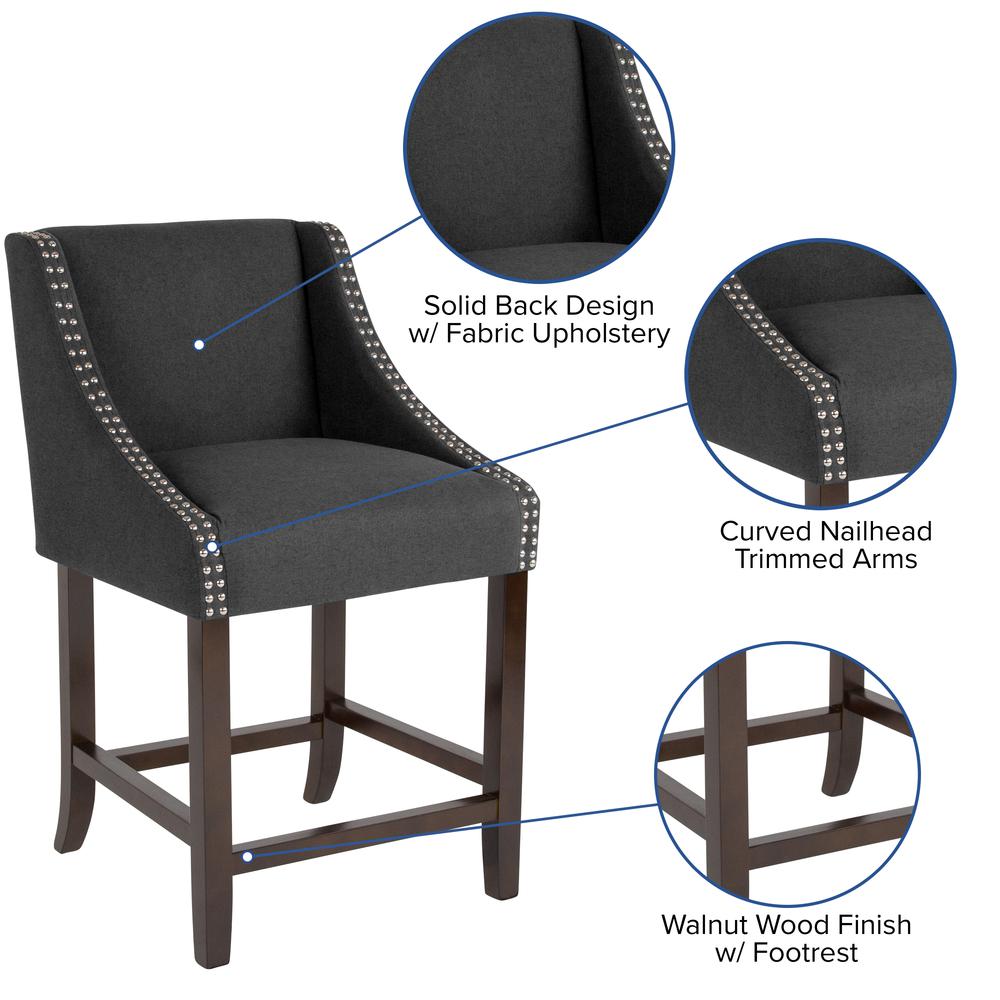 Carmel Series 24" High Transitional Walnut Counter Height Stool with Nail Trim in Charcoal Fabric, Set of 2. Picture 6