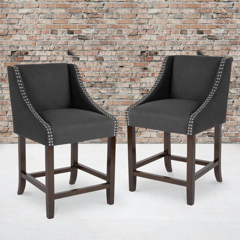 Carmel Series 24" High Transitional Walnut Counter Height Stool with Nail Trim in Charcoal Fabric, Set of 2. Picture 2