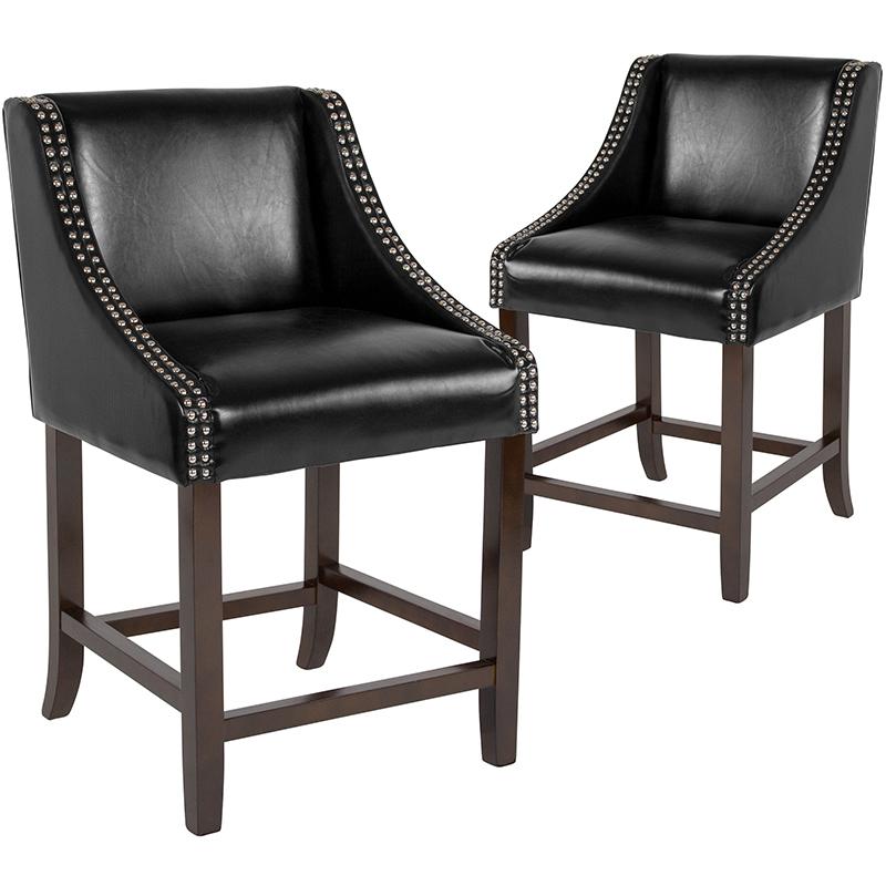 Carmel Series 24" High Transitional Walnut Counter Height Stool with Nail Trim in Black LeatherSoft, Set of 2. Picture 3