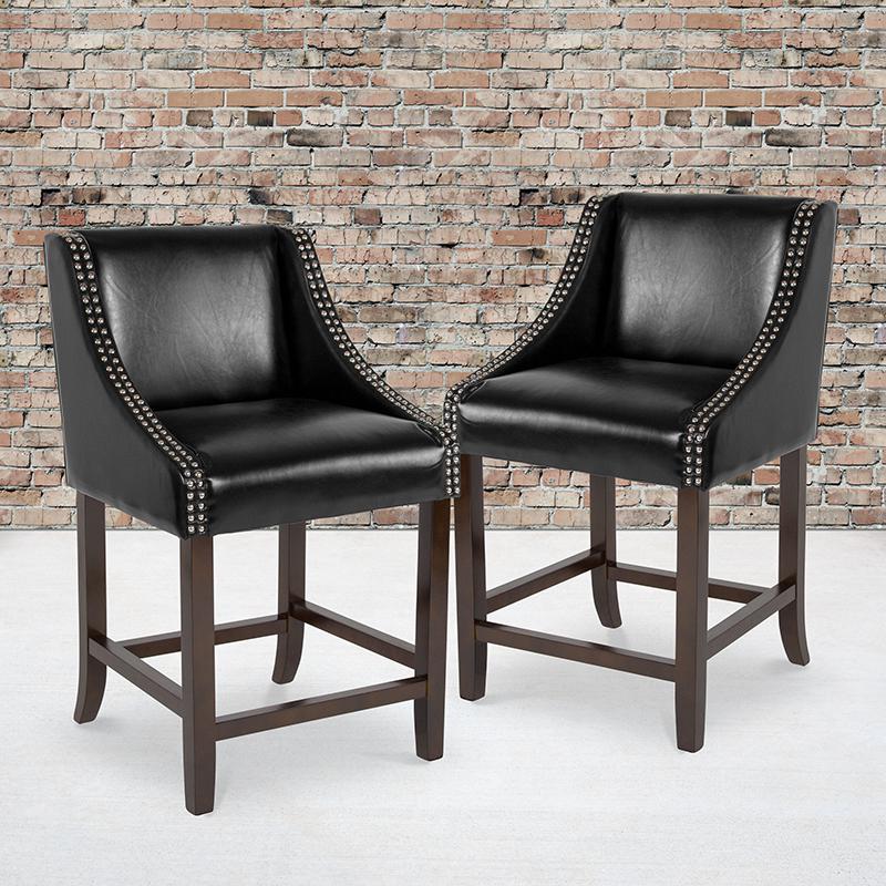 Carmel Series 24" High Transitional Walnut Counter Height Stool with Nail Trim in Black LeatherSoft, Set of 2. The main picture.