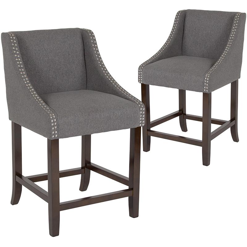 Carmel Series 24" High Transitional Walnut Counter Height Stool with Nail Trim in Dark Gray Fabric, Set of 2. Picture 3