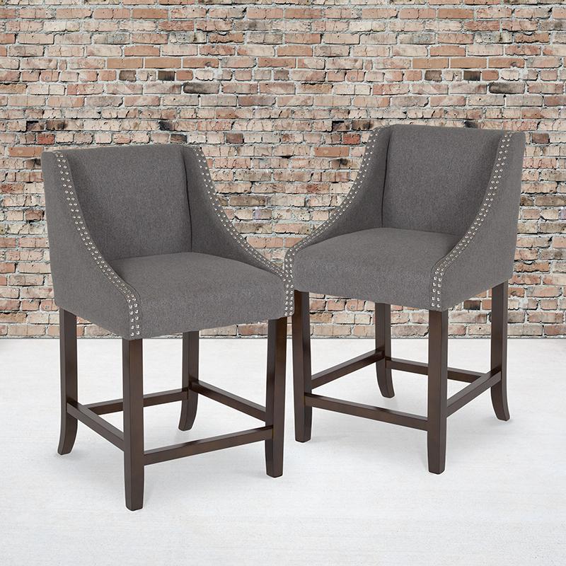 Carmel Series 24" High Transitional Walnut Counter Height Stool with Nail Trim in Dark Gray Fabric, Set of 2. Picture 1