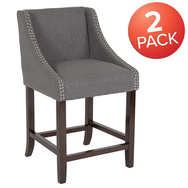 Carmel Series 24" High Transitional Walnut Counter Height Stool with Nail Trim in Dark Gray Fabric, Set of 2. Picture 2