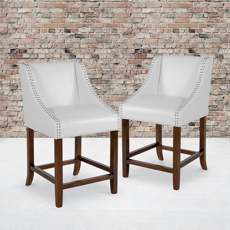 Carmel Series 24" High Transitional Walnut Counter Height Stool with Nail Trim in White LeatherSoft, Set of 2. Picture 2
