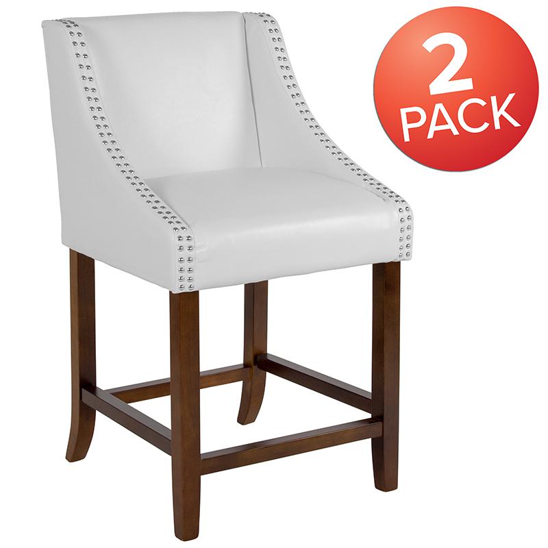 Carmel Series 24" High Transitional Walnut Counter Height Stool with Nail Trim in White LeatherSoft, Set of 2. Picture 3