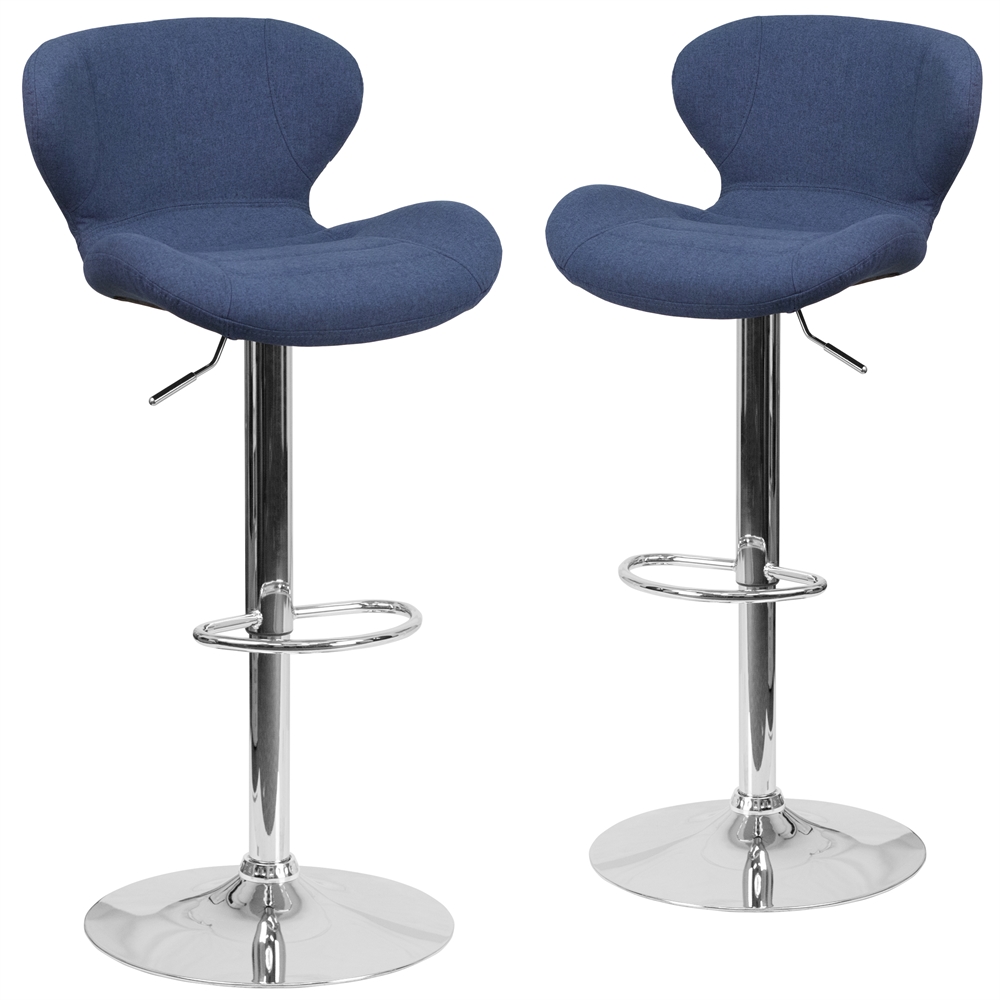 2 Pk. Contemporary Blue Fabric Adjustable Height Barstool with Chrome Base. Picture 1
