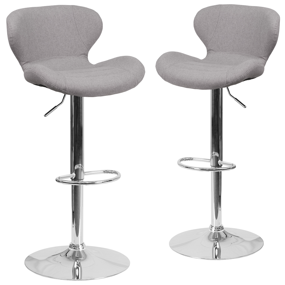 2 Pk. Contemporary Gray Fabric Adjustable Height Barstool with Chrome Base. Picture 1