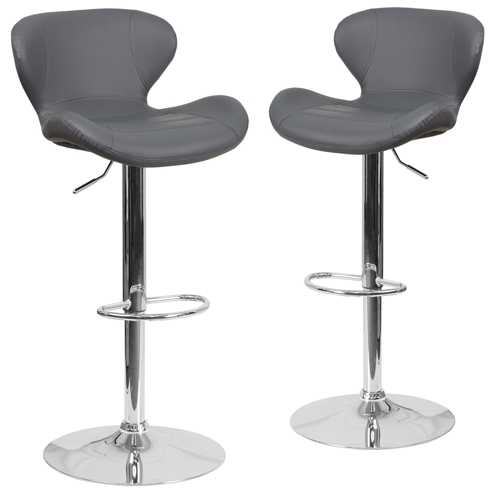 2 Pk. Contemporary Gray Vinyl Adjustable Height Barstool with Chrome Base. Picture 1