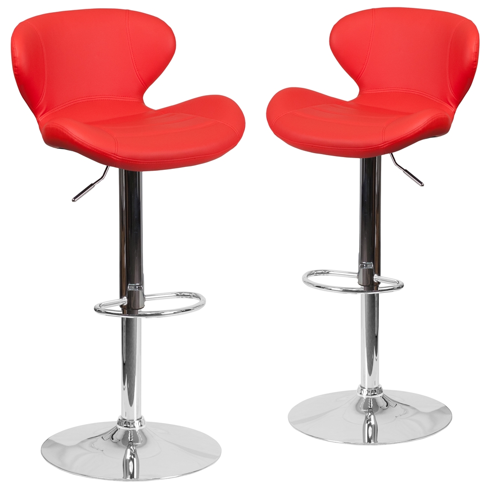 2 Pk. Contemporary Red Vinyl Adjustable Height Barstool with Chrome Base. Picture 1
