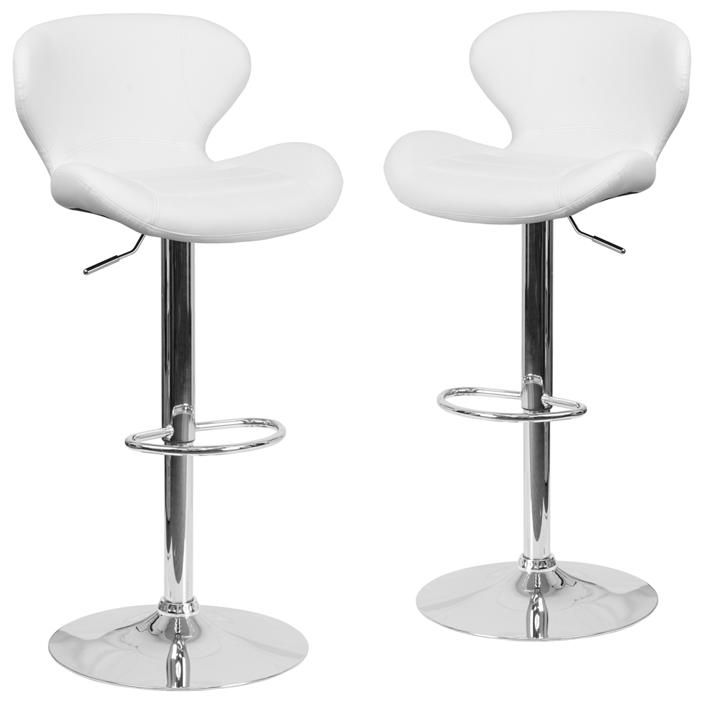 2 Pk. Contemporary White Vinyl Adjustable Height Barstool with Chrome Base. Picture 1