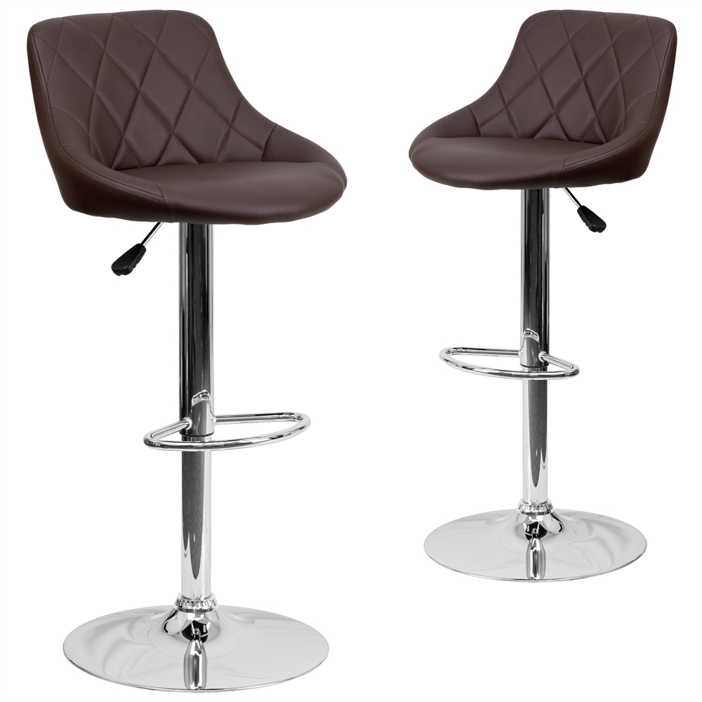 2 Pk. Contemporary Brown Vinyl Bucket Seat Adjustable Height Barstool with Chrome Base. Picture 1