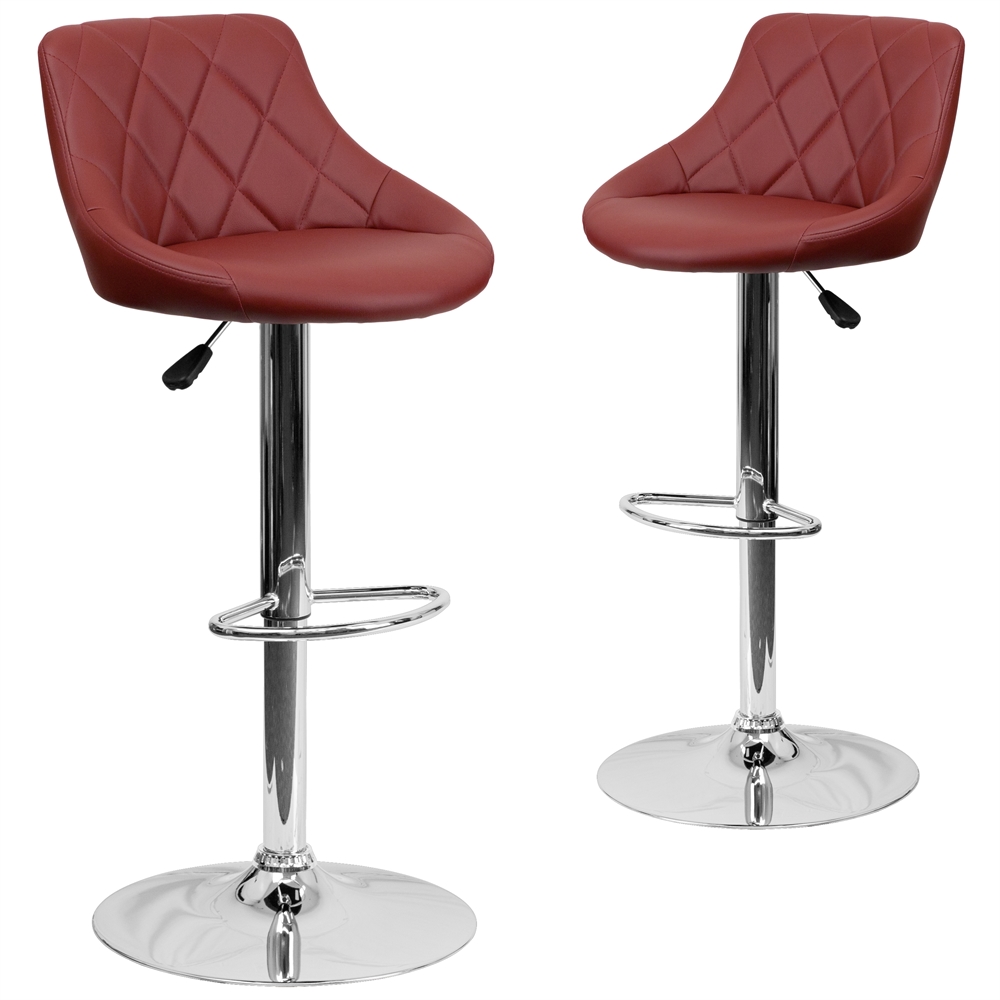 2 Pk. Contemporary Burgundy Vinyl Bucket Seat Adjustable Height Barstool with Chrome Base. Picture 1