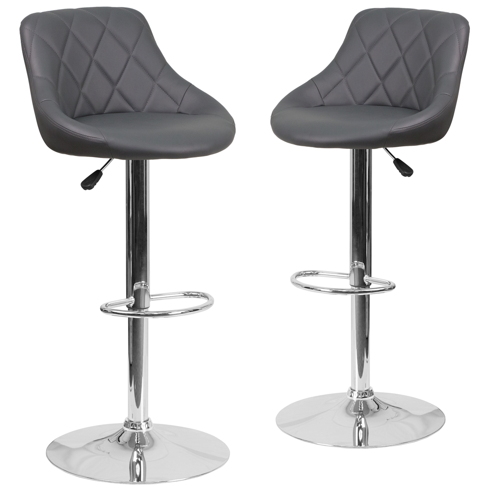 2 Pk. Contemporary Gray Vinyl Bucket Seat Adjustable Height Barstool with Chrome Base. Picture 1