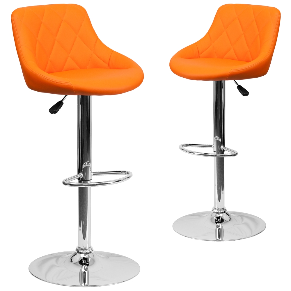 2 Pk. Contemporary Orange Vinyl Bucket Seat Adjustable Height Barstool with Chrome Base. Picture 1