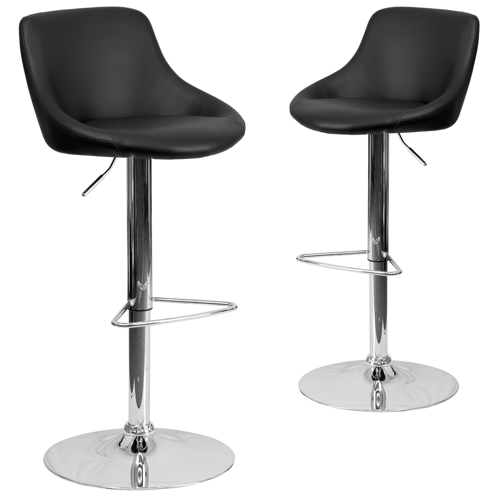 2 Pk. Contemporary Black Vinyl Bucket Seat Adjustable Height Barstool with Chrome Base. The main picture.