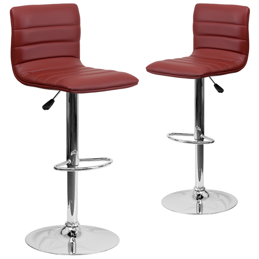 2 Pk. Contemporary Burgundy Vinyl Adjustable Height Barstool with Chrome Base. Picture 1