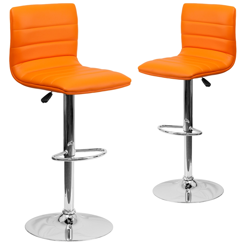 2 Pk. Contemporary Orange Vinyl Adjustable Height Barstool with Chrome Base. Picture 1