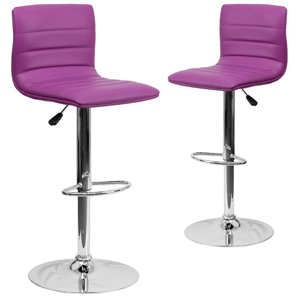 2 Pk. Contemporary Purple Vinyl Adjustable Height Barstool with Chrome Base. Picture 1