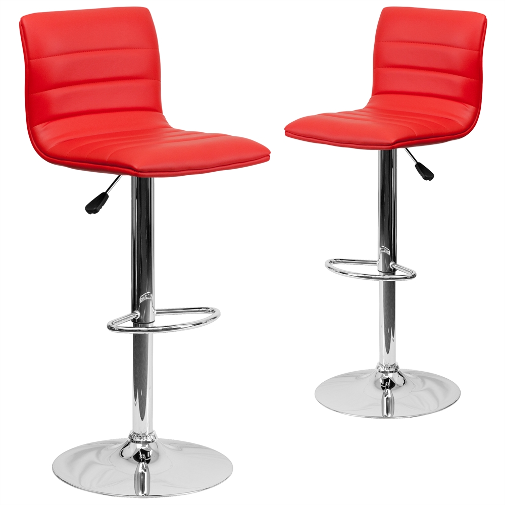 2 Pk. Contemporary Red Vinyl Adjustable Height Barstool with Chrome Base. The main picture.