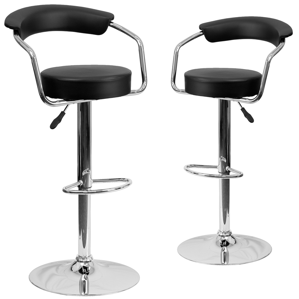 2 Pk. Contemporary Black Vinyl Adjustable Height Barstool with Arms and Chrome Base. Picture 1
