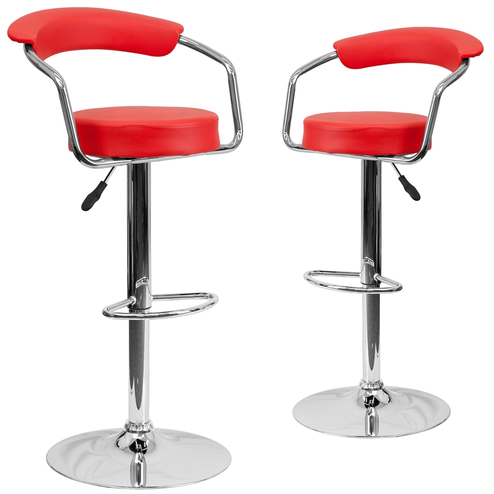 2 Pk. Contemporary Red Vinyl Adjustable Height Barstool with Arms and Chrome Base. Picture 1