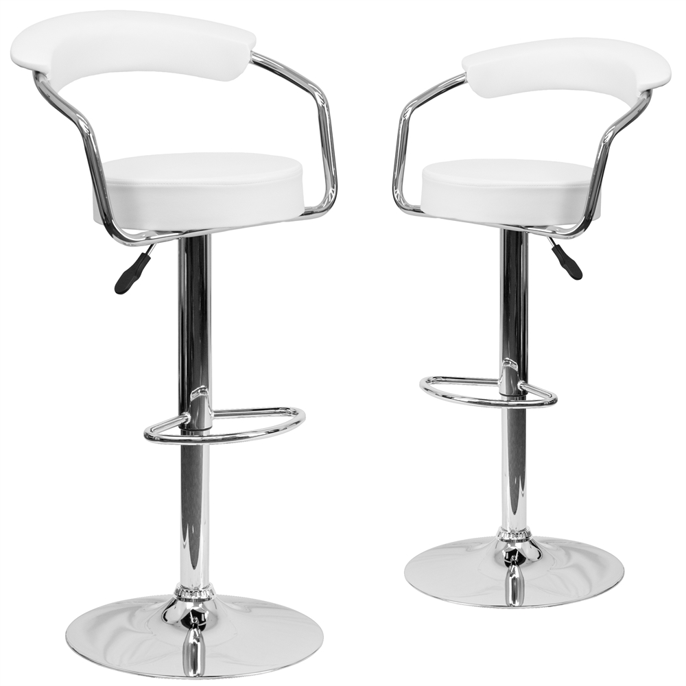 2 Pk. Contemporary White Vinyl Adjustable Height Barstool with Arms and Chrome Base. Picture 1
