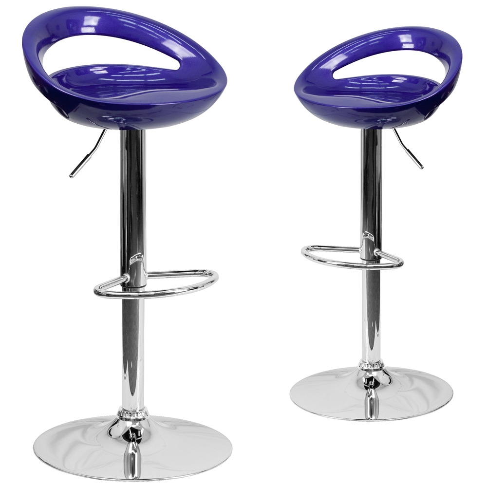 2 Pk. Contemporary Blue Plastic Adjustable Height Barstool with Chrome Base. Picture 1