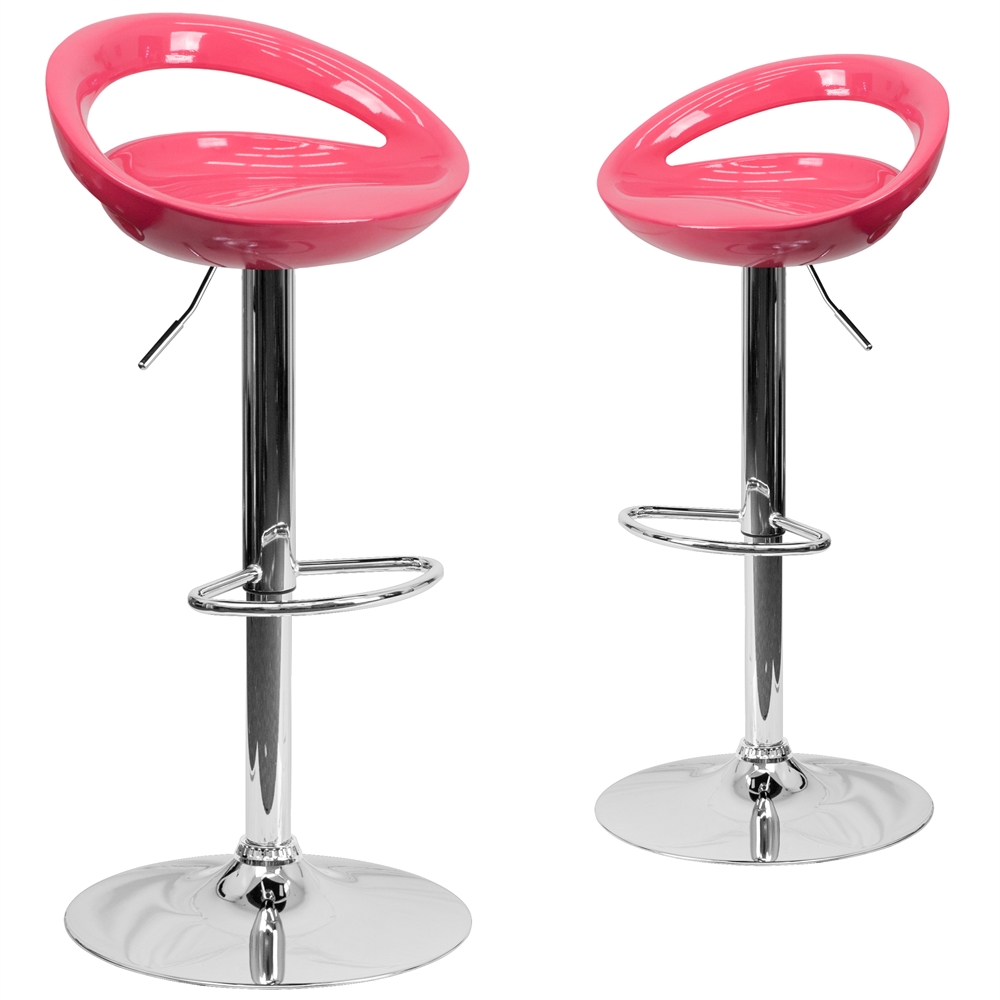 2 Pk. Contemporary Pink Plastic Adjustable Height Barstool with Chrome Base. Picture 1