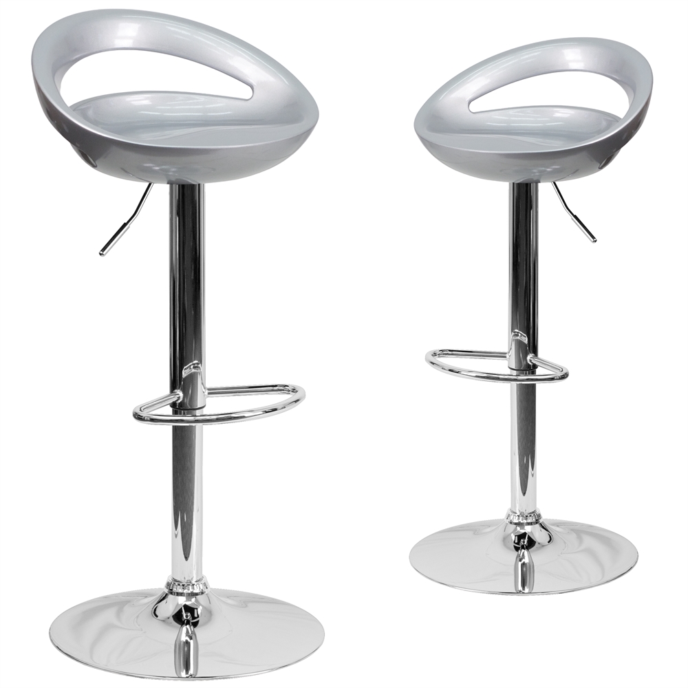 2 Pk. Contemporary Silver Plastic Adjustable Height Barstool with Chrome Base. Picture 1