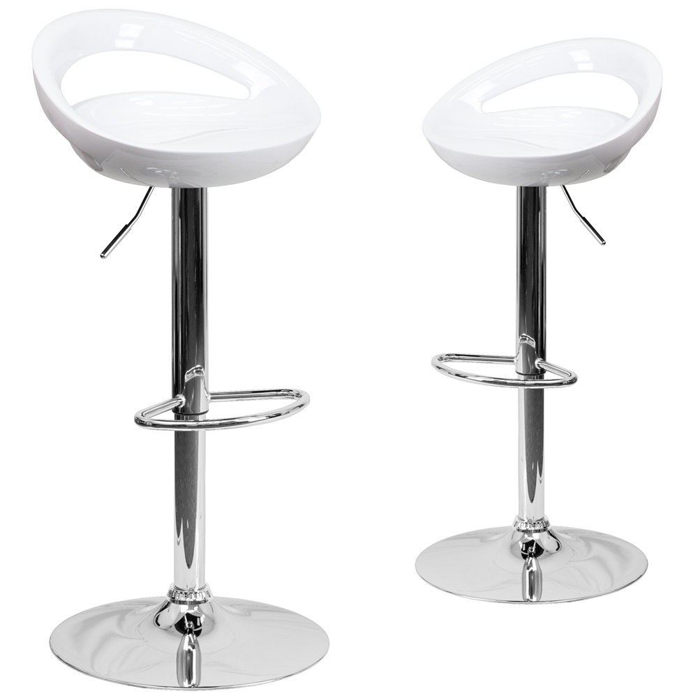 2 Pk. Contemporary White Plastic Adjustable Height Barstool with Chrome Base. Picture 1