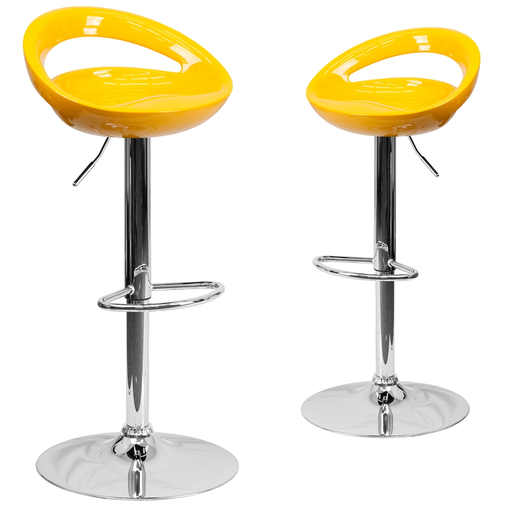 2 Pk. Contemporary Yellow Plastic Adjustable Height Barstool with Chrome Base. The main picture.