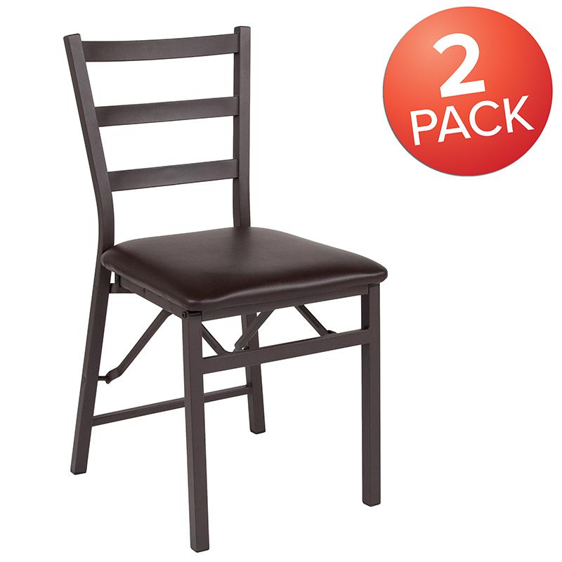 2 Pack HERCULES Series Brown Folding Ladder Back Metal Chair with Brown Vinyl Seat. Picture 1