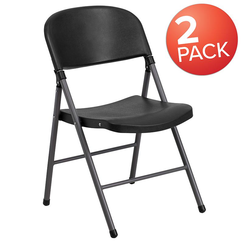 2 Pack HERCULES Series 330 lb. Capacity Black Plastic Folding Chair with Charcoal Frame. Picture 1