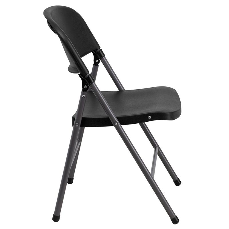 2 Pack HERCULES Series 330 lb. Capacity Black Plastic Folding Chair with Charcoal Frame. Picture 3
