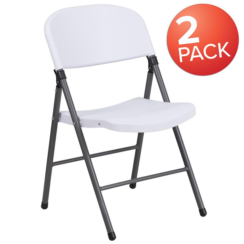 2 Pack HERCULES Series 330 lb. Capacity Granite White Plastic Folding Chair with Charcoal Frame. Picture 1