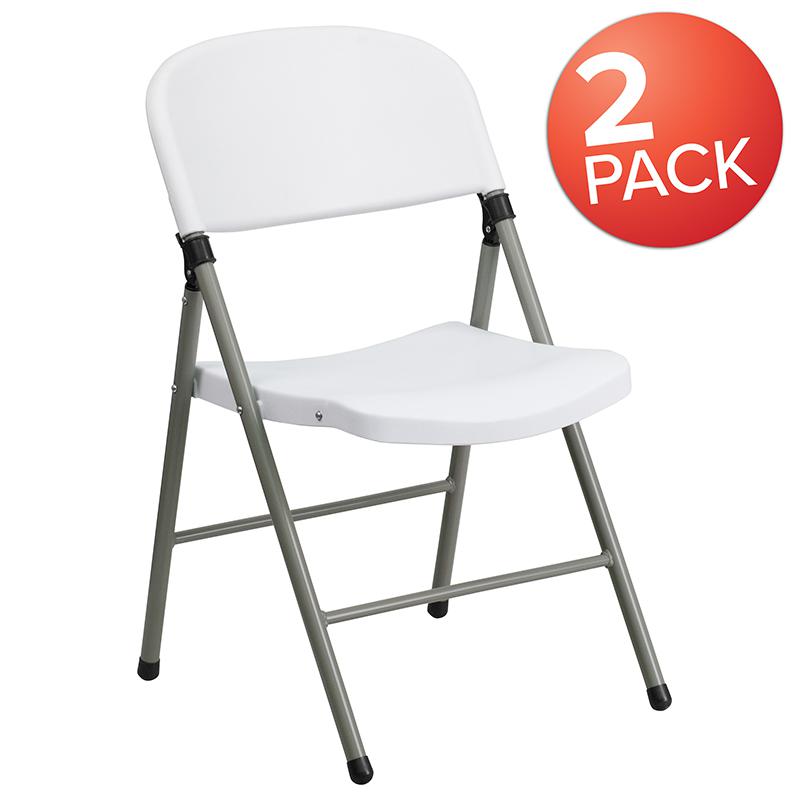 HERCULES Series White Plastic Folding Chairs | Set of 2 Lightweight Folding Chairs with Gray Frame. Picture 1