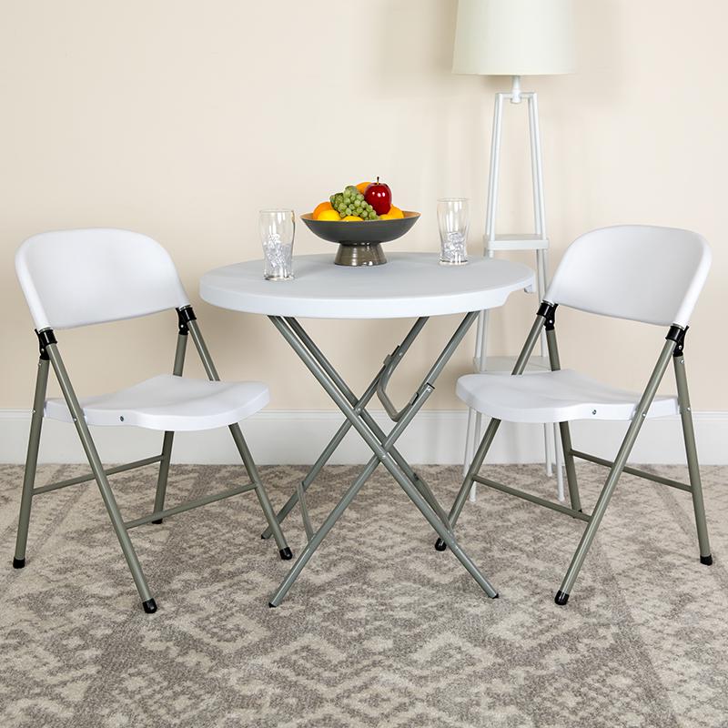 HERCULES Series White Plastic Folding Chairs | Set of 2 Lightweight Folding Chairs with Gray Frame. Picture 2