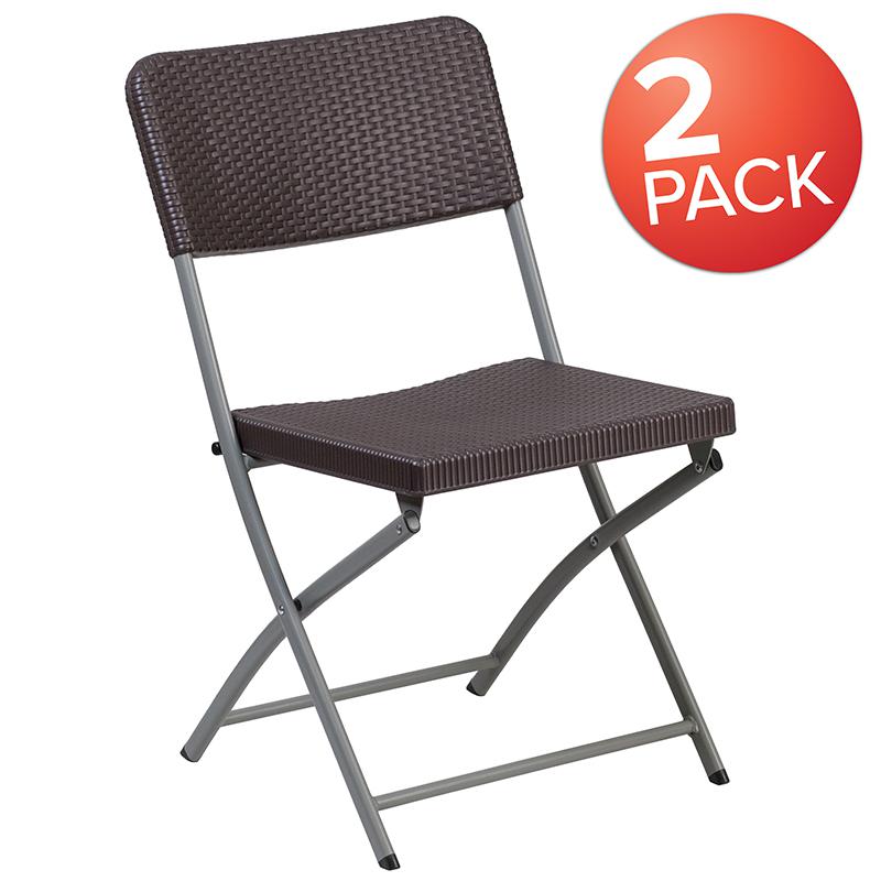 2 Pack HERCULES Series Brown Rattan Plastic Folding Chair with Gray Frame. Picture 1