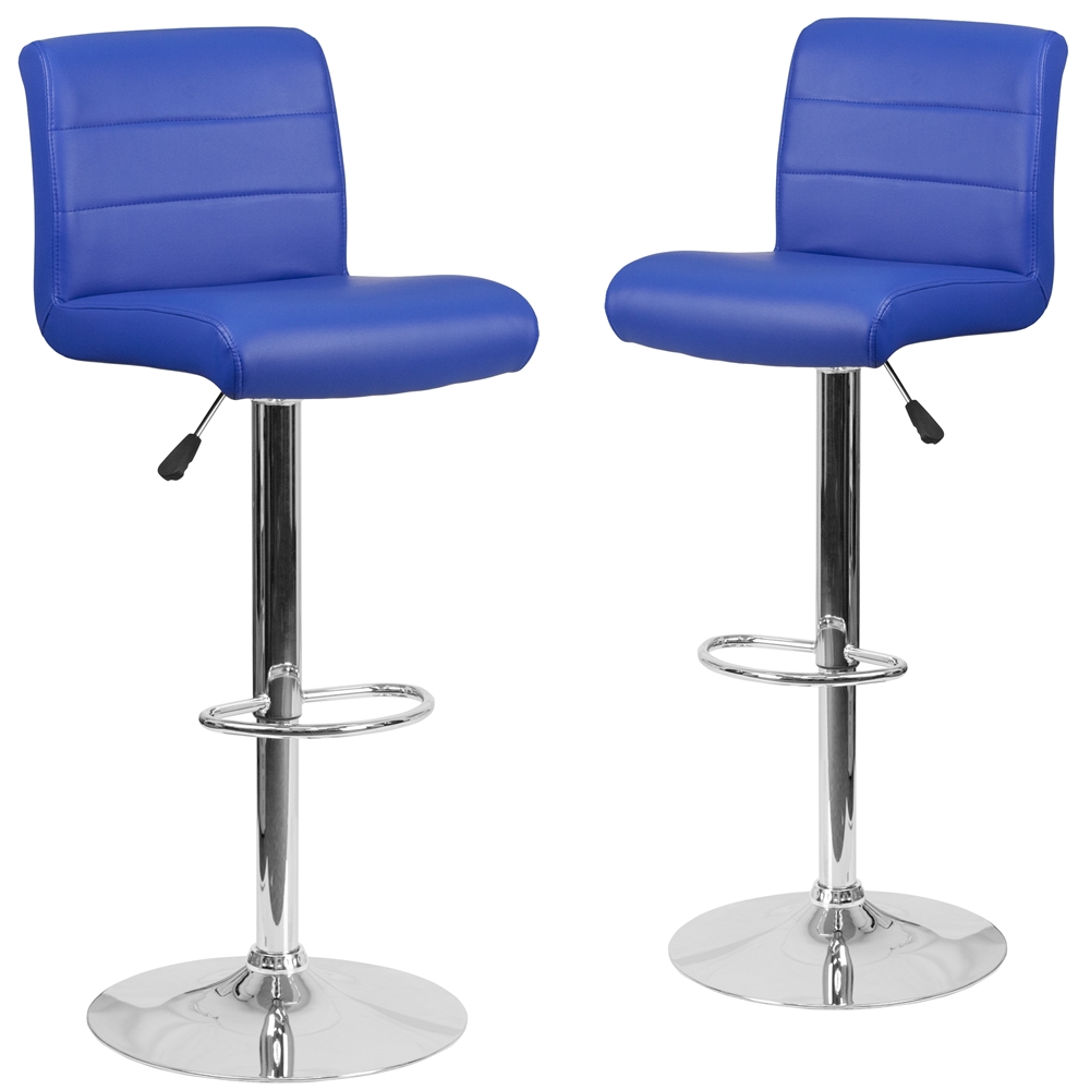 2 Pk. Contemporary Blue Vinyl Adjustable Height Barstool with Chrome Base and Footrest. Picture 1