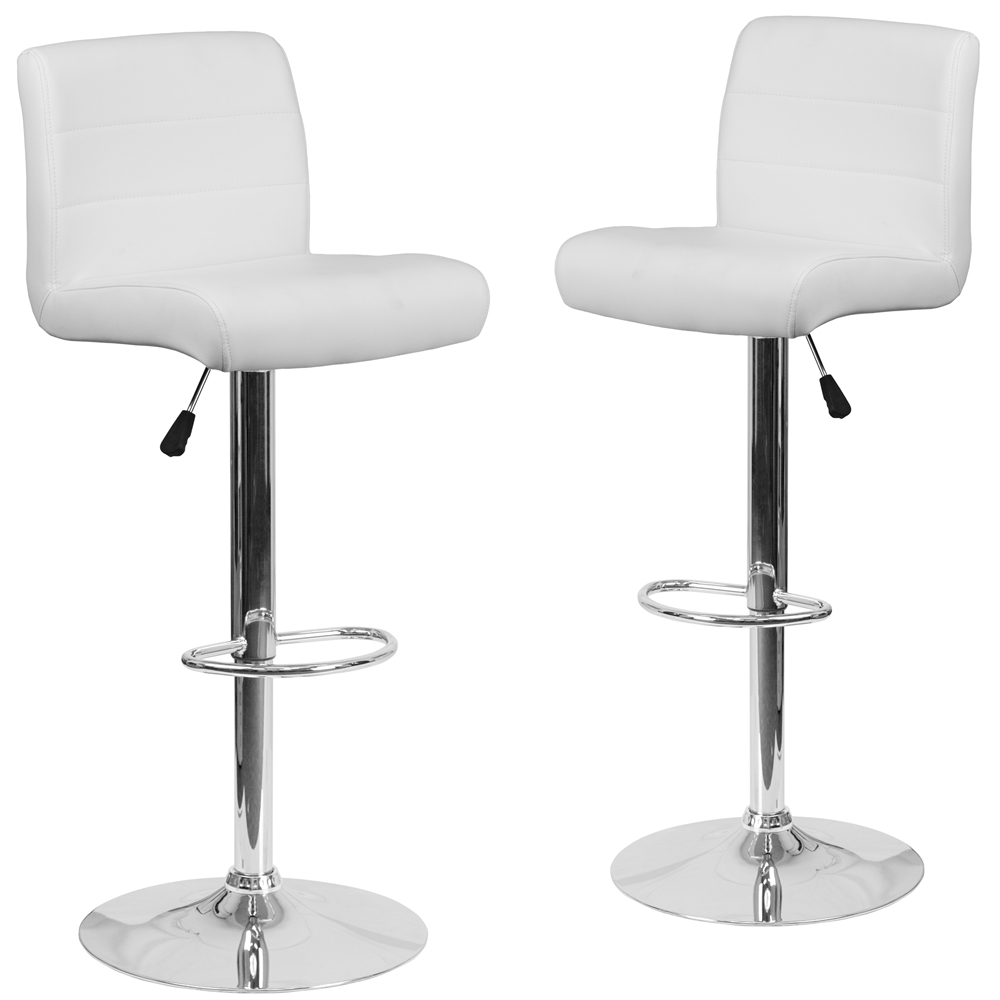 2 Pk. Contemporary White Vinyl Adjustable Height Barstool with Chrome Base and Footrest. Picture 1