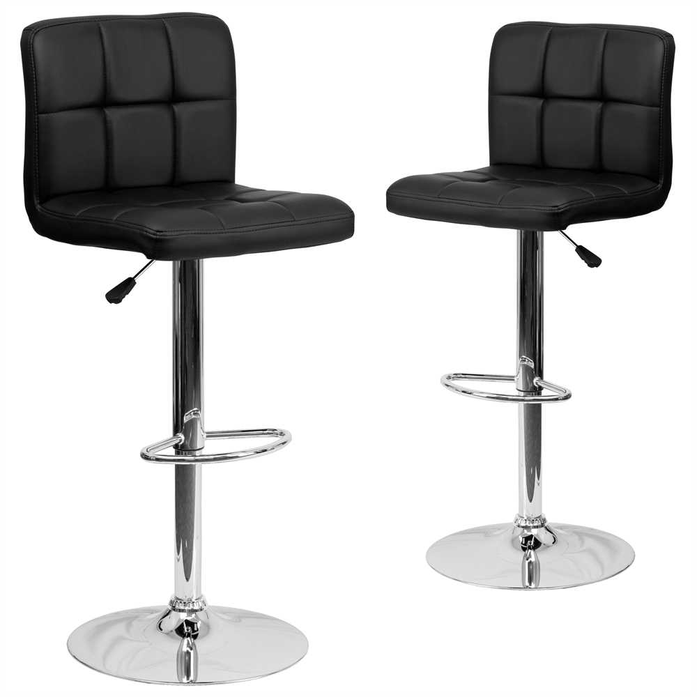 2 Pk. Contemporary Black Quilted Vinyl Adjustable Height Barstool with Chrome Base. Picture 1