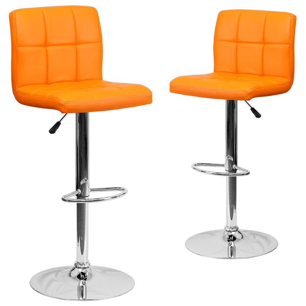 2 Pk. Contemporary Orange Quilted Vinyl Adjustable Height Barstool with Chrome Base. Picture 1