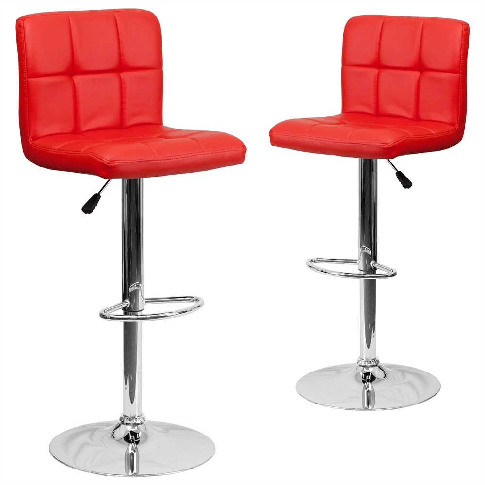 2 Pk. Contemporary Red Quilted Vinyl Adjustable Height Barstool with Chrome Base. Picture 1