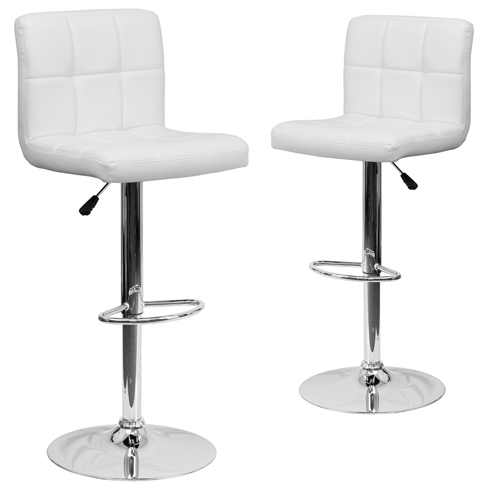 2 Pk. Contemporary White Quilted Vinyl Adjustable Height Barstool with Chrome Base. Picture 1