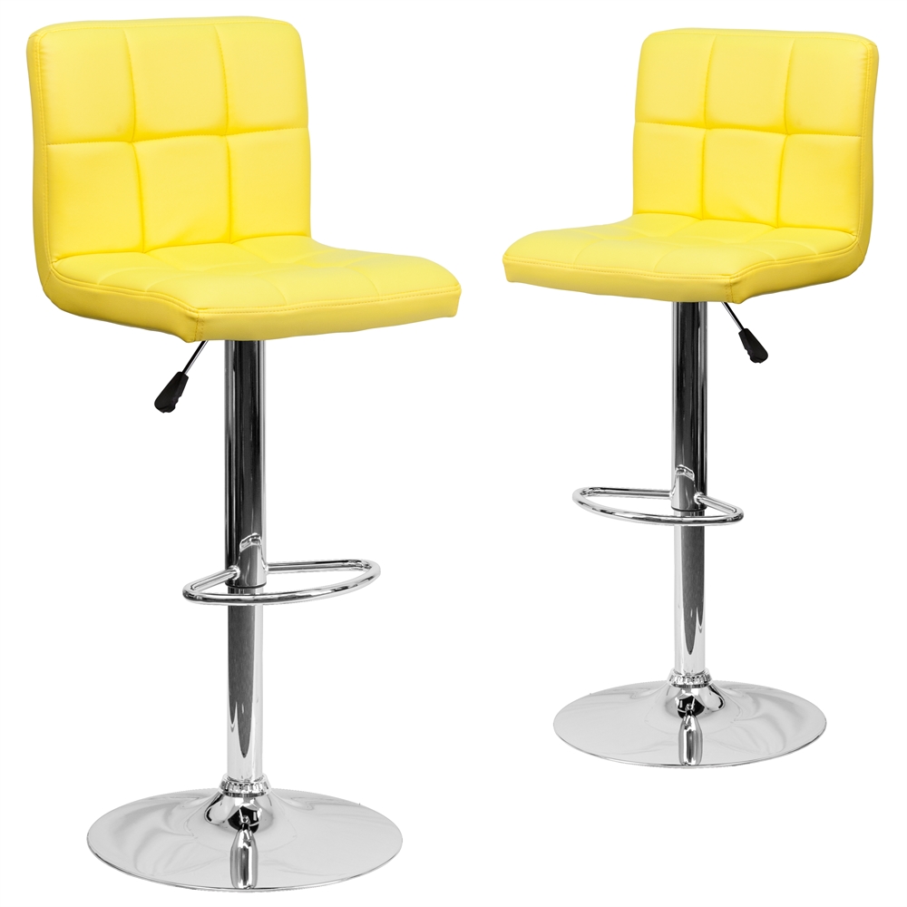 2 Pk. Contemporary Yellow Quilted Vinyl Adjustable Height Barstool with Chrome Base. Picture 1